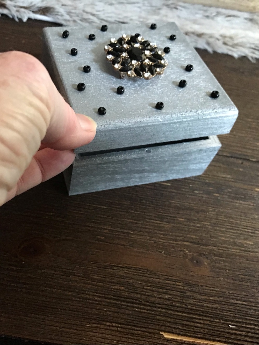 Hand crafted wooden silver trinket box with rhinestone flower lid
